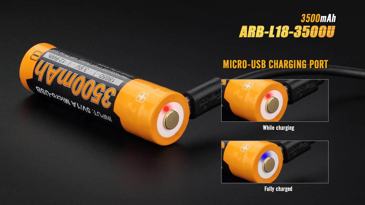 Fenix ARB-L18-3500U 18650 3500mAh protected Li-ion button top rechargeable battery with built-in Micro USB charging port