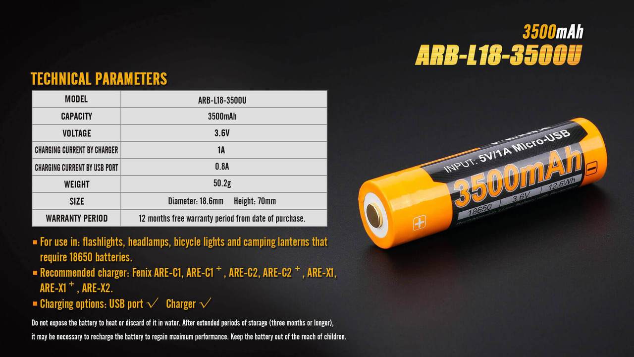 Fenix ARB-L18-3500U 18650 3500mAh protected Li-ion button top rechargeable battery with built-in Micro USB charging port
