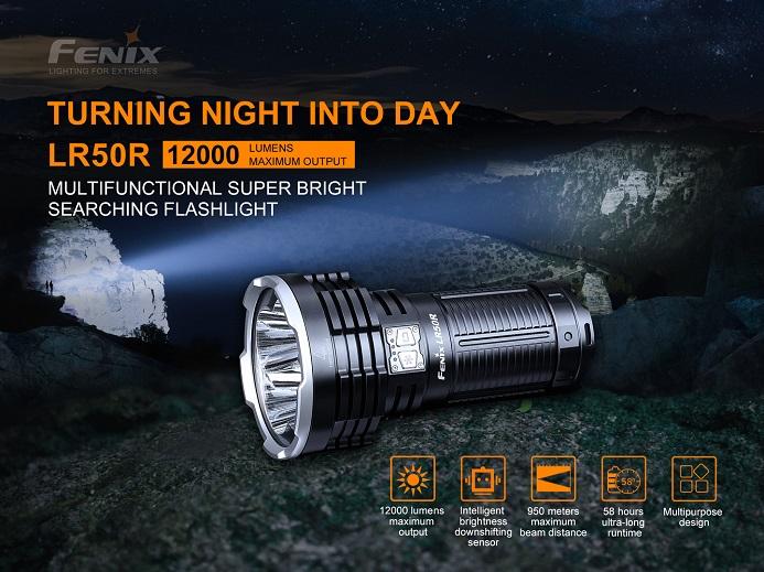 Fenix LR50R rechargeable multifunctional LED searchlight with 12,000 lumens brightness for search, rescue, and outdoor professional lighting