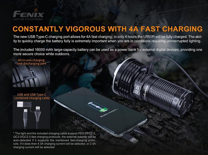 Fenix LR50R rechargeable multifunctional LED searchlight with 12,000 lumens brightness for search, rescue, and outdoor professional lighting