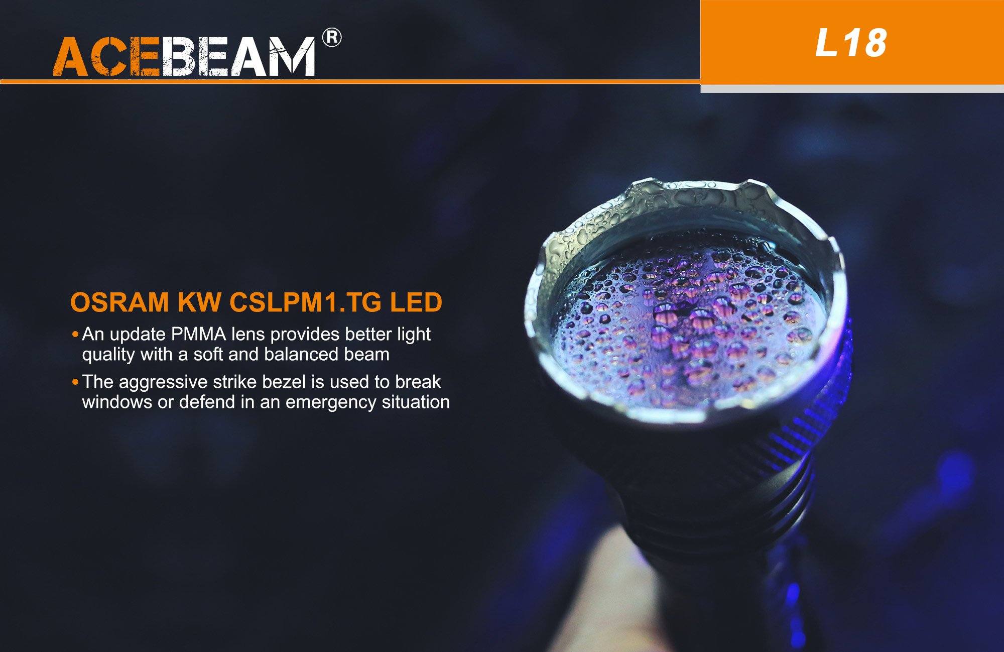 Acebeam L18 long-range rechargeable tactical LED flashlight with 1500 lumens brightness for hunting, search, and outdoor lighting