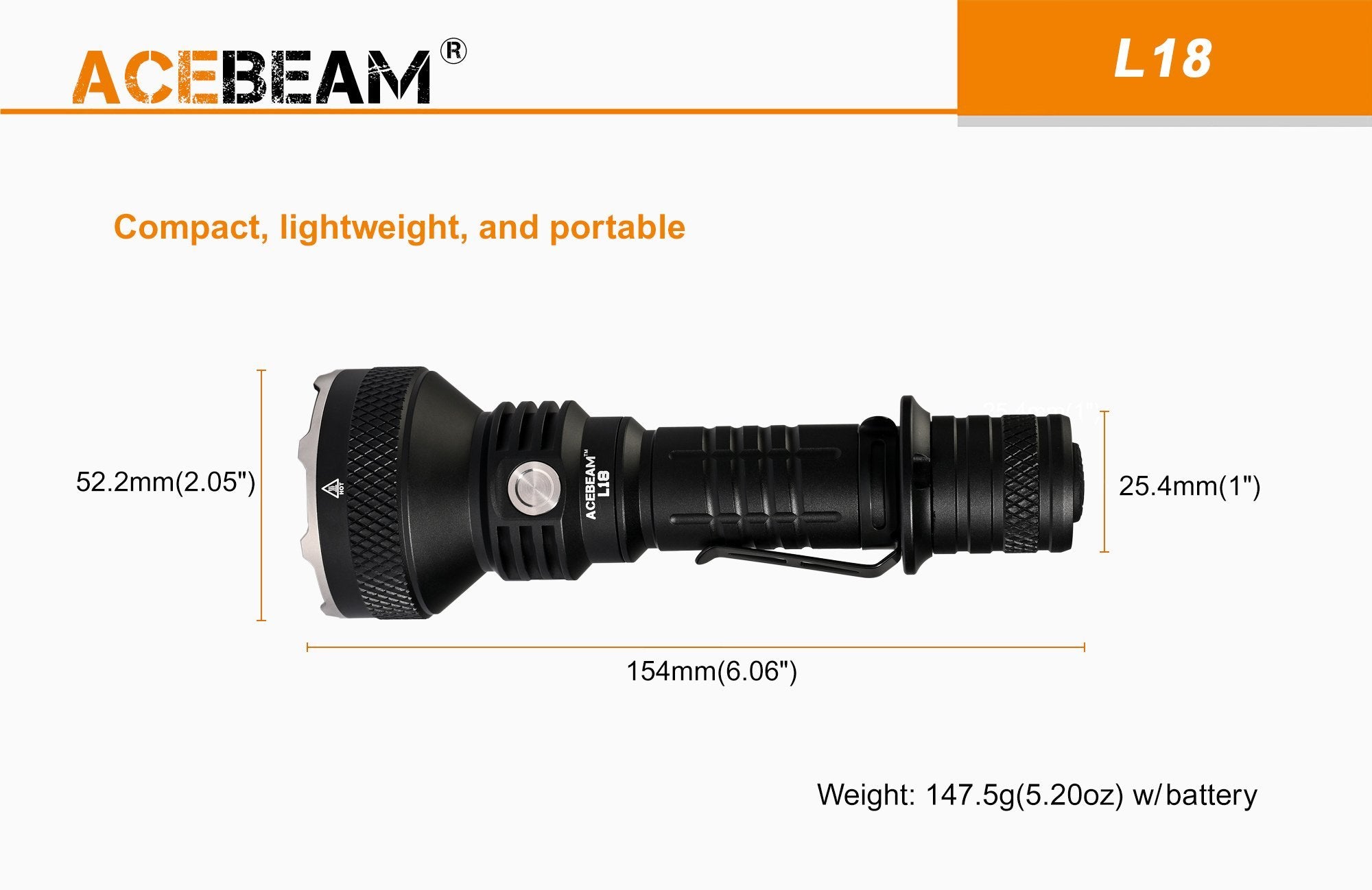 Acebeam L18 long-range rechargeable tactical LED flashlight with 1500 lumens brightness for hunting, search, and outdoor lighting