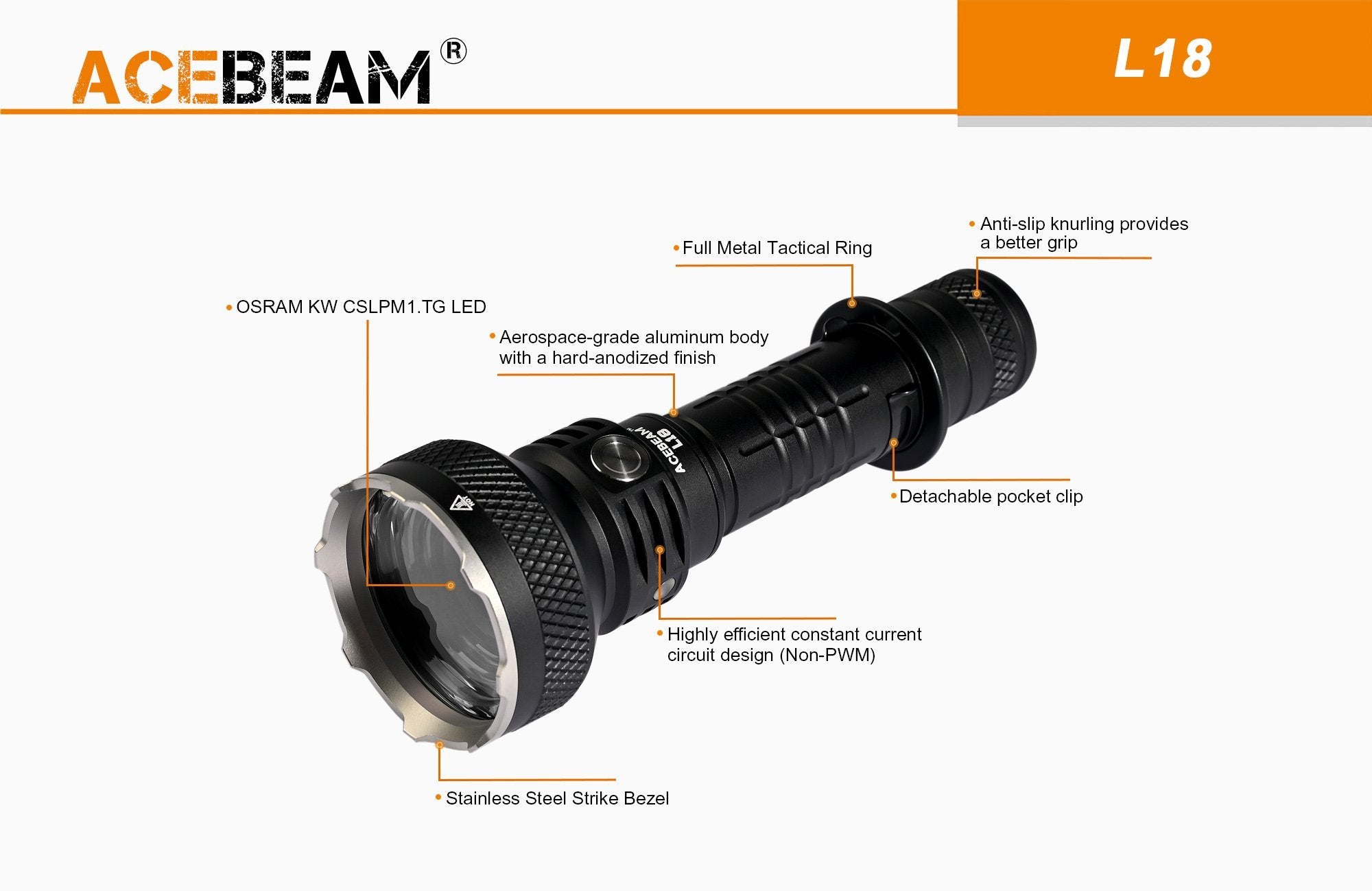 Acebeam L18 long-range rechargeable tactical LED flashlight with 1500 lumens brightness for hunting, search, and outdoor lighting