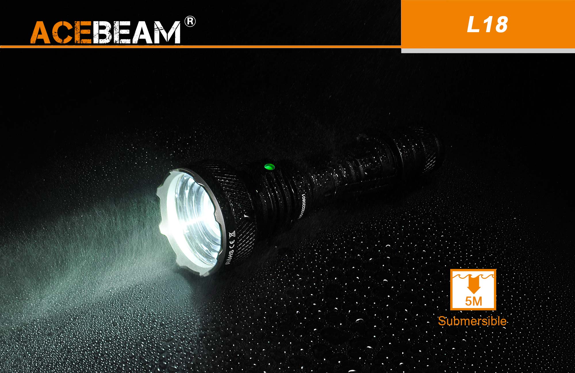 Acebeam L18 long-range rechargeable tactical LED flashlight with 1500 lumens brightness for hunting, search, and outdoor lighting