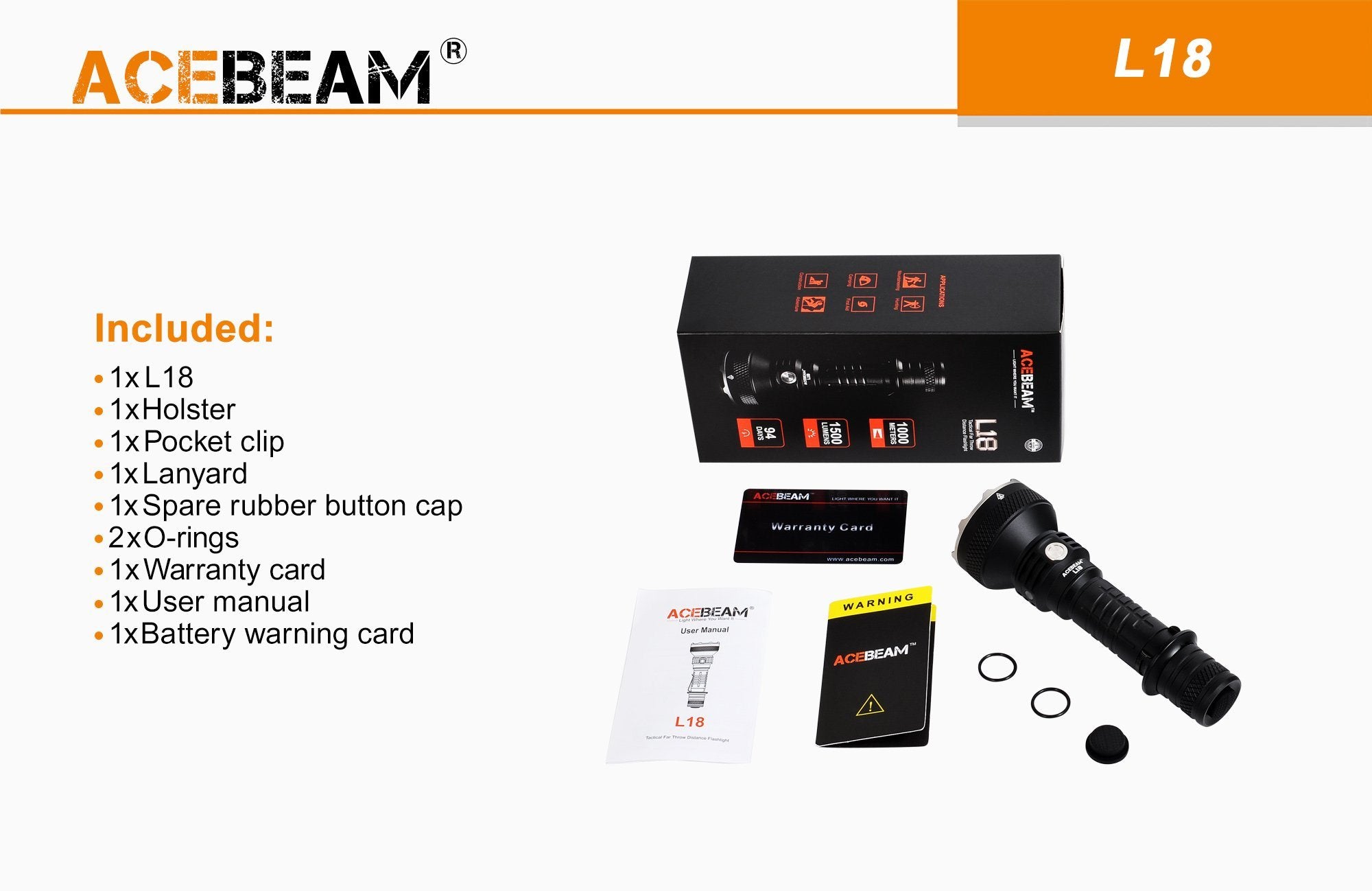 Acebeam L18 long-range rechargeable tactical LED flashlight with 1500 lumens brightness for hunting, search, and outdoor lighting