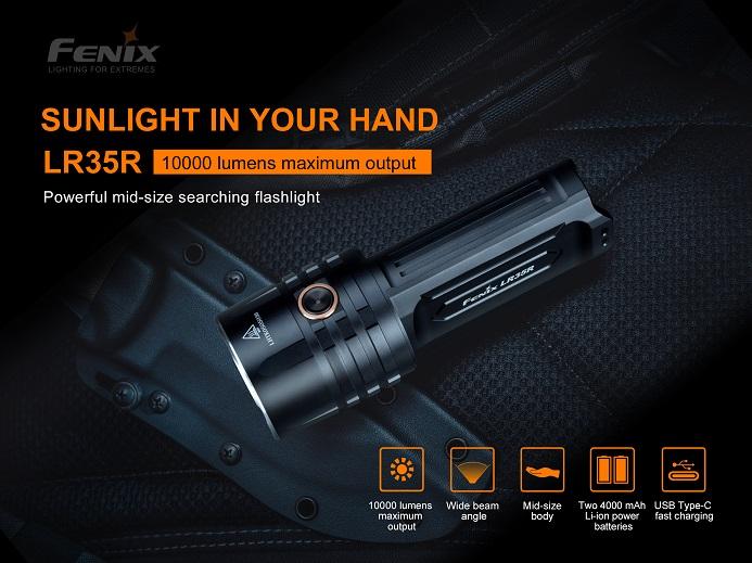 Fenix LR35R rechargeable LED flashlight with 10,000 lumens brightness for search, rescue, and professional outdoor lighting