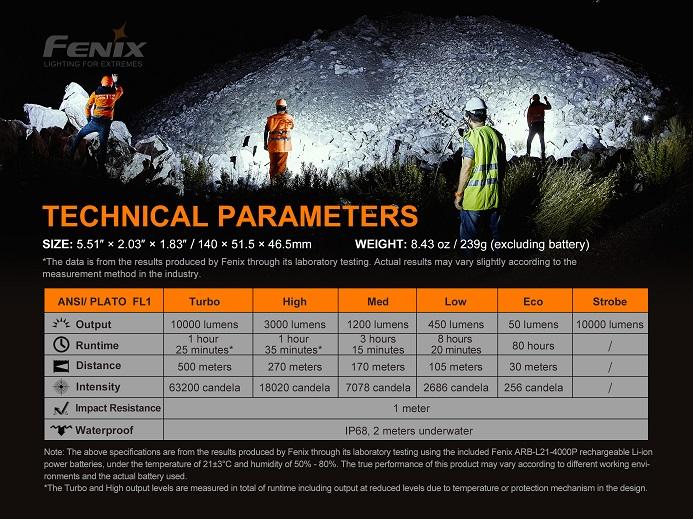 Fenix LR35R rechargeable LED flashlight with 10,000 lumens brightness for search, rescue, and professional outdoor lighting