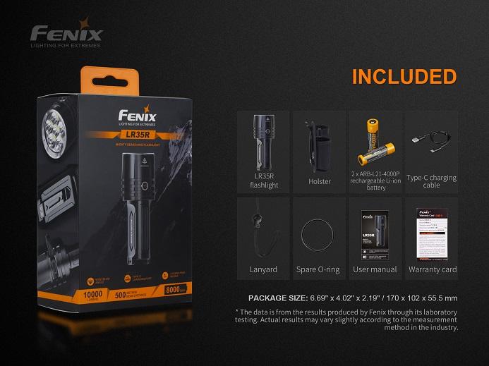 Fenix LR35R rechargeable LED flashlight with 10,000 lumens brightness for search, rescue, and professional outdoor lighting