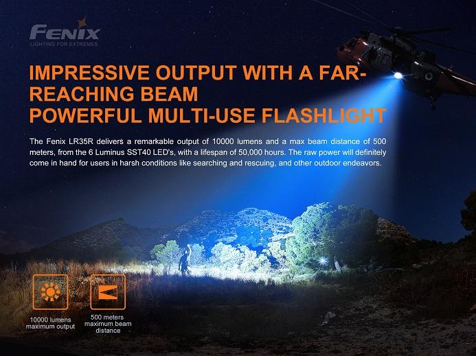 Fenix LR35R rechargeable LED flashlight with 10,000 lumens brightness for search, rescue, and professional outdoor lighting