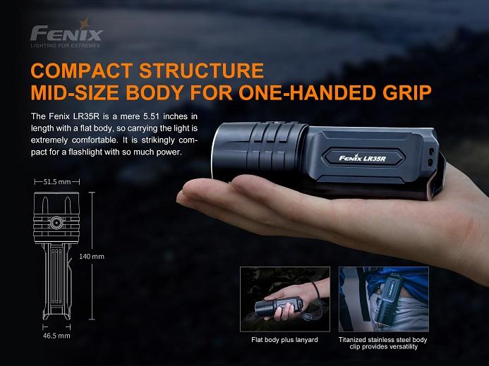 Fenix LR35R rechargeable LED flashlight with 10,000 lumens brightness for search, rescue, and professional outdoor lighting