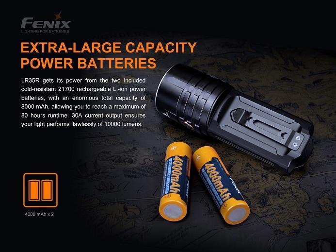 Fenix LR35R rechargeable LED flashlight with 10,000 lumens brightness for search, rescue, and professional outdoor lighting