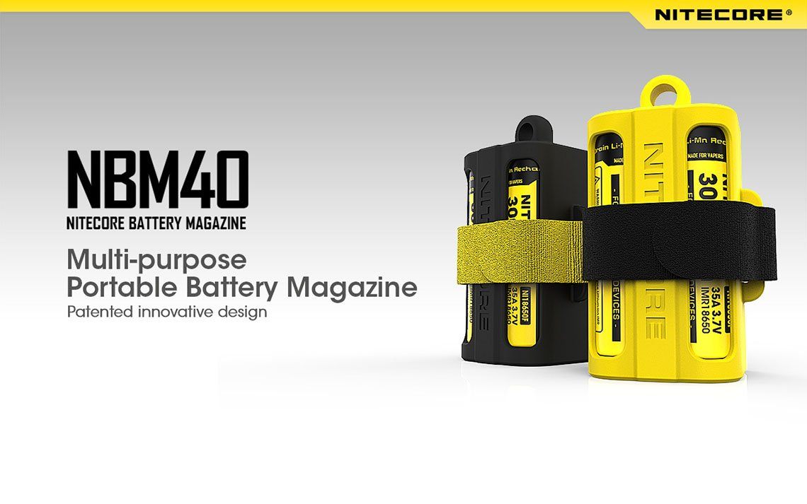 Nitecore NBM40 silicone battery magazine holder for storing four 18650 rechargeable batteries safely during travel and outdoor use