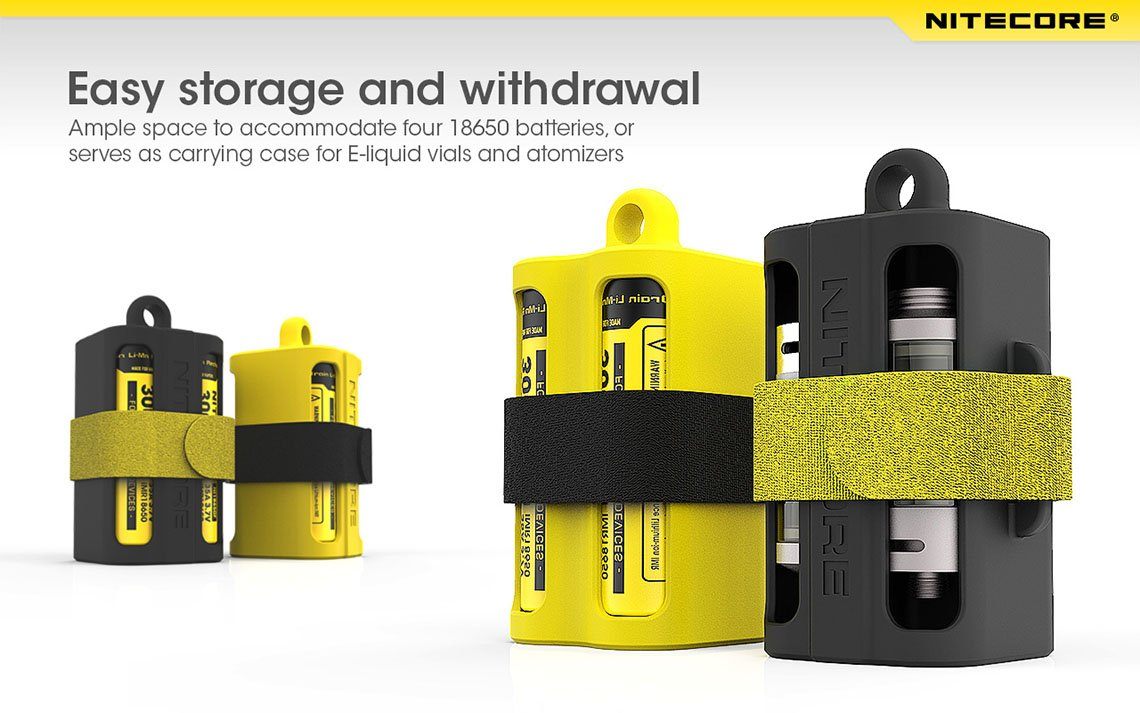 Nitecore NBM40 silicone battery magazine holder for storing four 18650 rechargeable batteries safely during travel and outdoor use