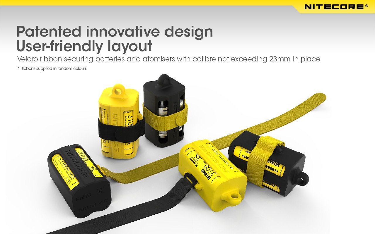 Nitecore NBM40 silicone battery magazine holder for storing four 18650 rechargeable batteries safely during travel and outdoor use