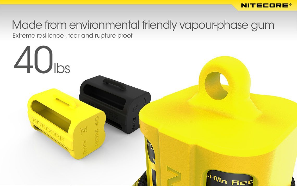 Nitecore NBM40 silicone battery magazine holder for storing four 18650 rechargeable batteries safely during travel and outdoor use