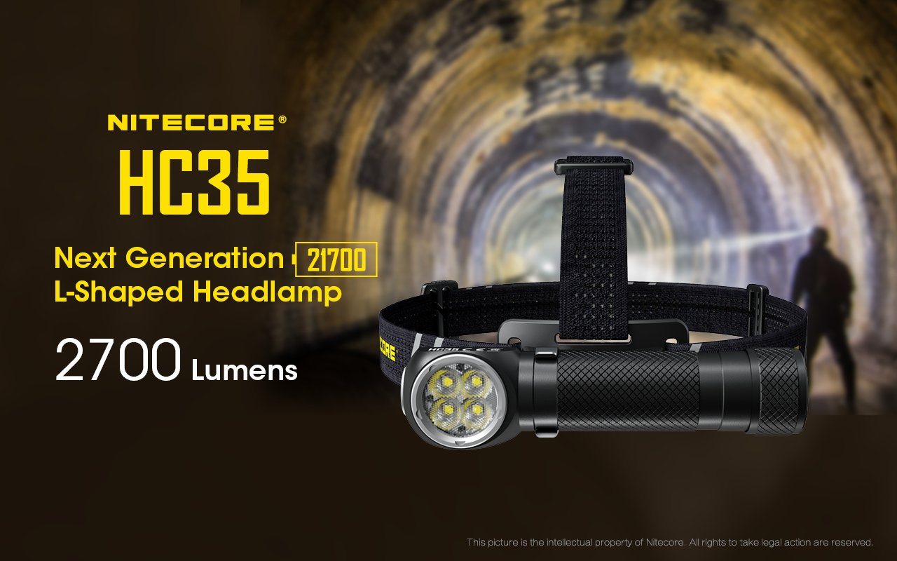 Nitecore HC35 USB rechargeable L-shape detachable LED headlamp flashlight with 2700 lumens brightness for work, camping, and outdoor lighting