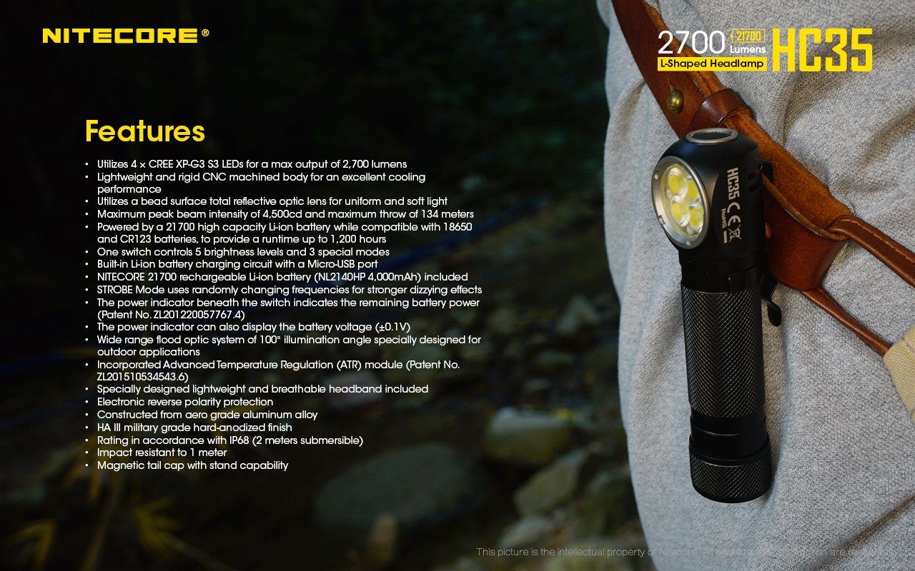 Nitecore HC35 USB rechargeable L-shape detachable LED headlamp flashlight with 2700 lumens brightness for work, camping, and outdoor lighting
