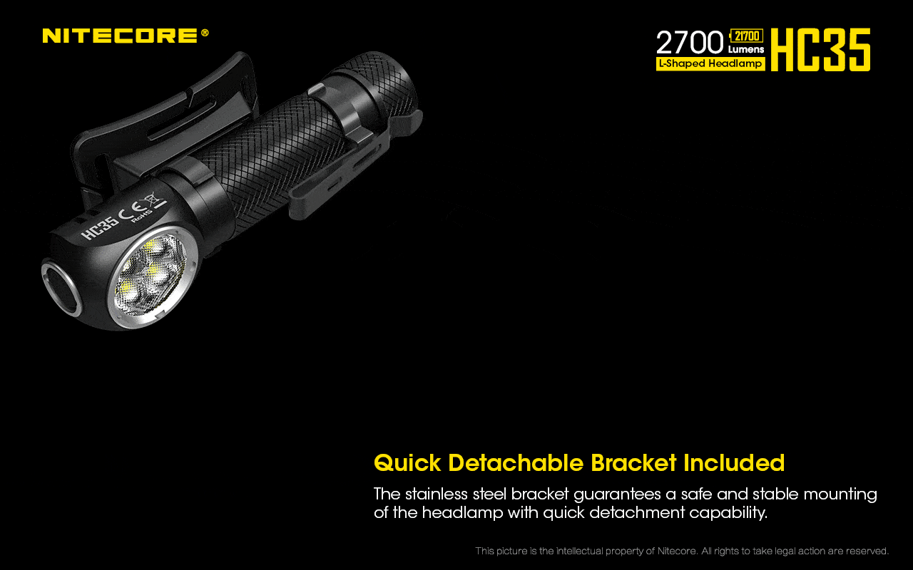 Nitecore HC35 USB rechargeable L-shape detachable LED headlamp flashlight with 2700 lumens brightness for work, camping, and outdoor lighting