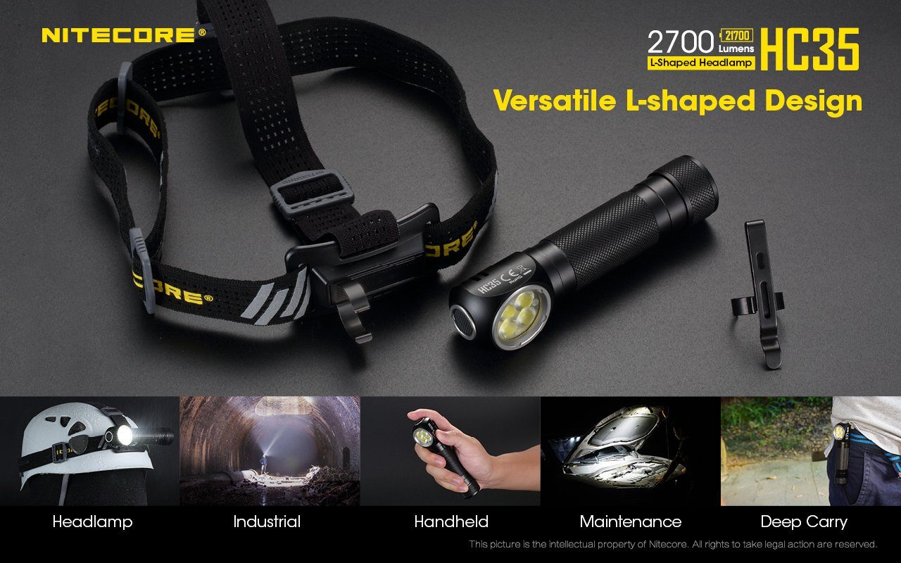 Nitecore HC35 USB rechargeable L-shape detachable LED headlamp flashlight with 2700 lumens brightness for work, camping, and outdoor lighting