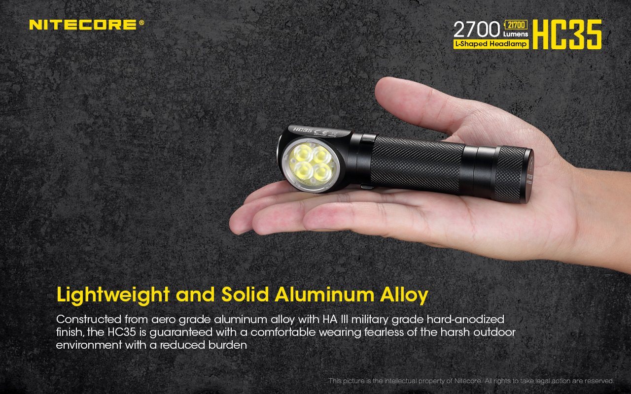 Nitecore HC35 USB rechargeable L-shape detachable LED headlamp flashlight with 2700 lumens brightness for work, camping, and outdoor lighting