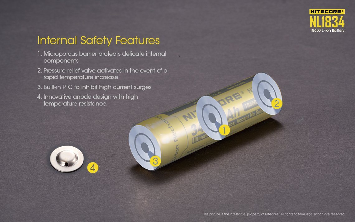 Nitecore NL1834 18650 3400mAh protected 3.7V Li-ion button top rechargeable battery for flashlights and high-performance electronics