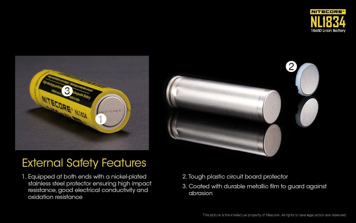 Nitecore NL1834 18650 3400mAh protected 3.7V Li-ion button top rechargeable battery for flashlights and high-performance electronics