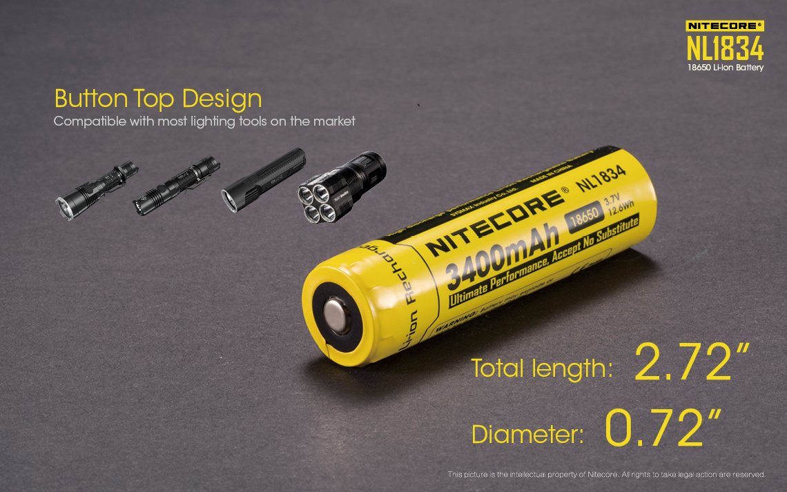 Nitecore NL1834 18650 3400mAh protected 3.7V Li-ion button top rechargeable battery for flashlights and high-performance electronics