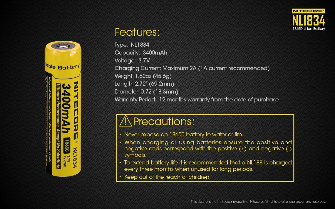 Nitecore NL1834 18650 3400mAh protected 3.7V Li-ion button top rechargeable battery for flashlights and high-performance electronics