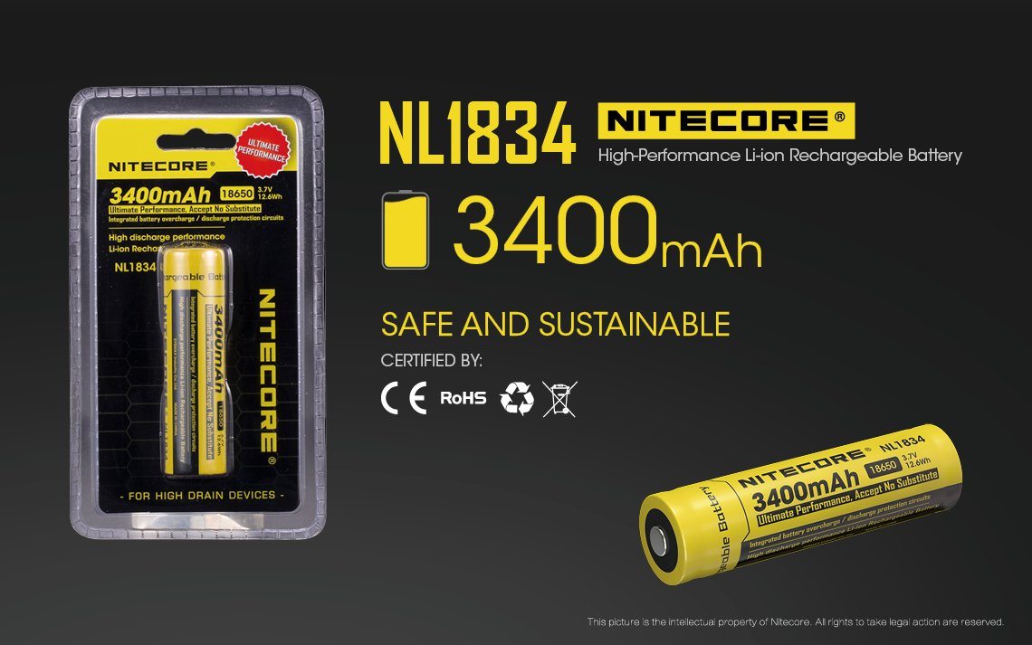 Nitecore NL1834 18650 3400mAh protected 3.7V Li-ion button top rechargeable battery for flashlights and high-performance electronics