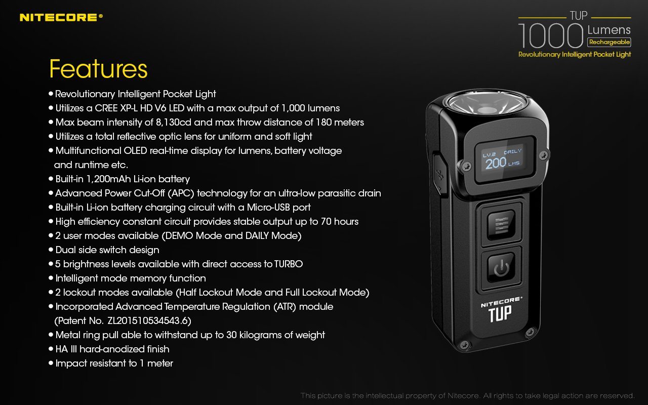 Nitecore TUP rechargeable pocket EDC LED flashlight with 1000 lumens brightness for everyday carry, work, and outdoor lighting