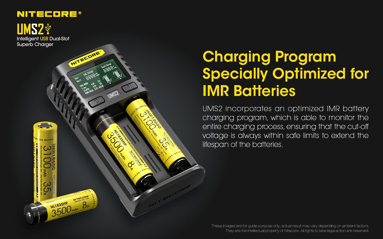 Nitecore UMS2 intelligent USB dual-slot fast battery charger with LCD display for Li-ion, Ni-MH, and Ni-Cd rechargeable batteries