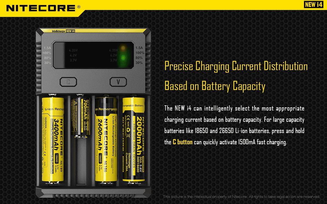 Nitecore New i4 Intellicharger four-slot universal smart battery charger compatible with Li-ion, Ni-MH, and Ni-Cd rechargeable batteries