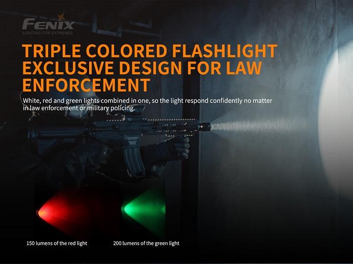 Fenix TK26R rechargeable tactical LED flashlight with 1500 lumens brightness and red, green, and white light outputs for hunting and duty use