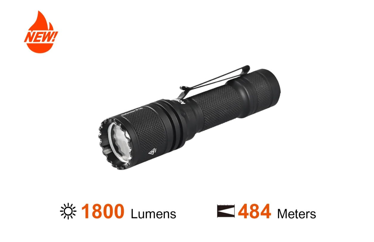Acebeam Defender P16 black tactical rechargeable LED flashlight with 1800 lumens brightness for defense, duty, and outdoor lighting