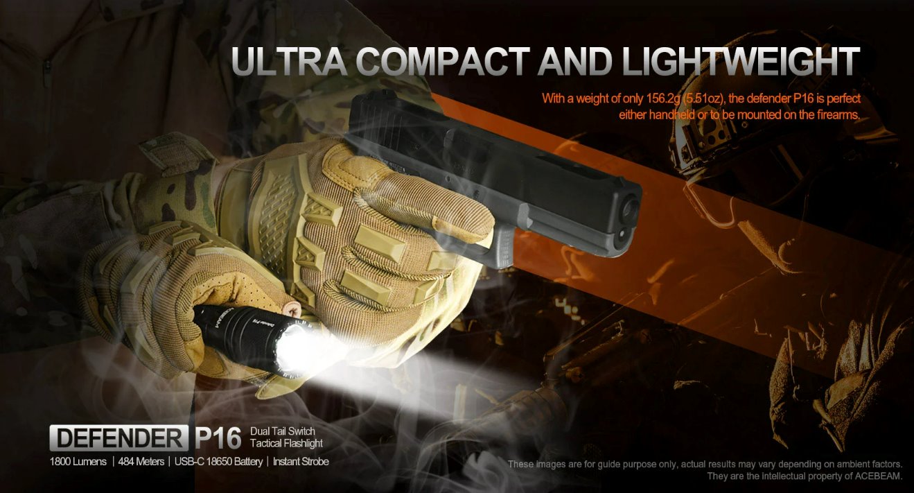 Acebeam Defender P16 black tactical rechargeable LED flashlight with 1800 lumens brightness for defense, duty, and outdoor lighting