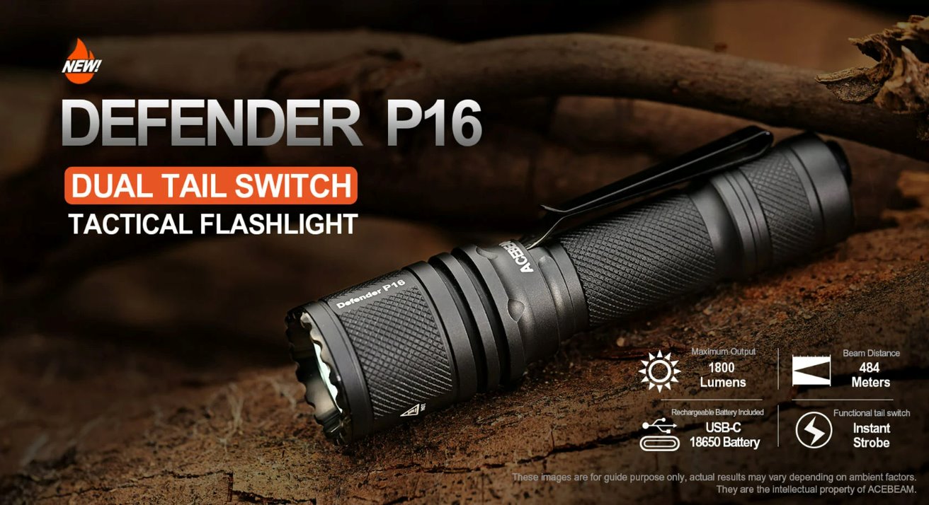 Acebeam Defender P16 black tactical rechargeable LED flashlight with 1800 lumens brightness for defense, duty, and outdoor lighting