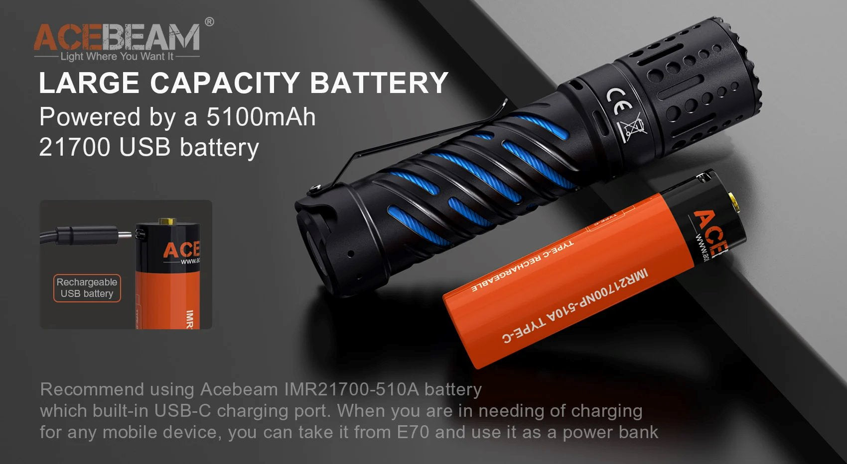 Acebeam E70 Aluminium EDC Flashlight Flashlight Acebeam