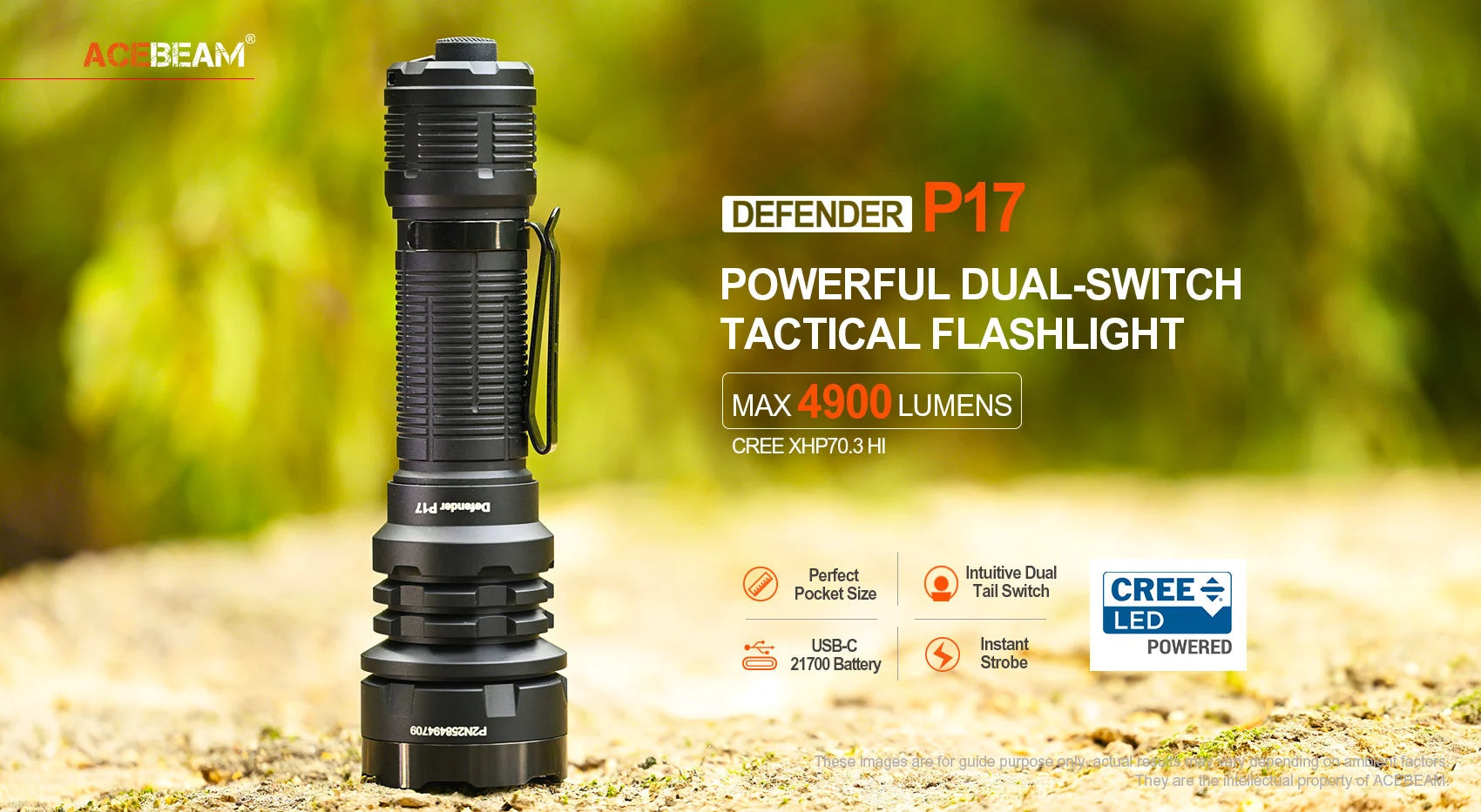 Acebeam P17 rechargeable tactical LED flashlight with 4900 lumens brightness for military, duty, and outdoor professional use
