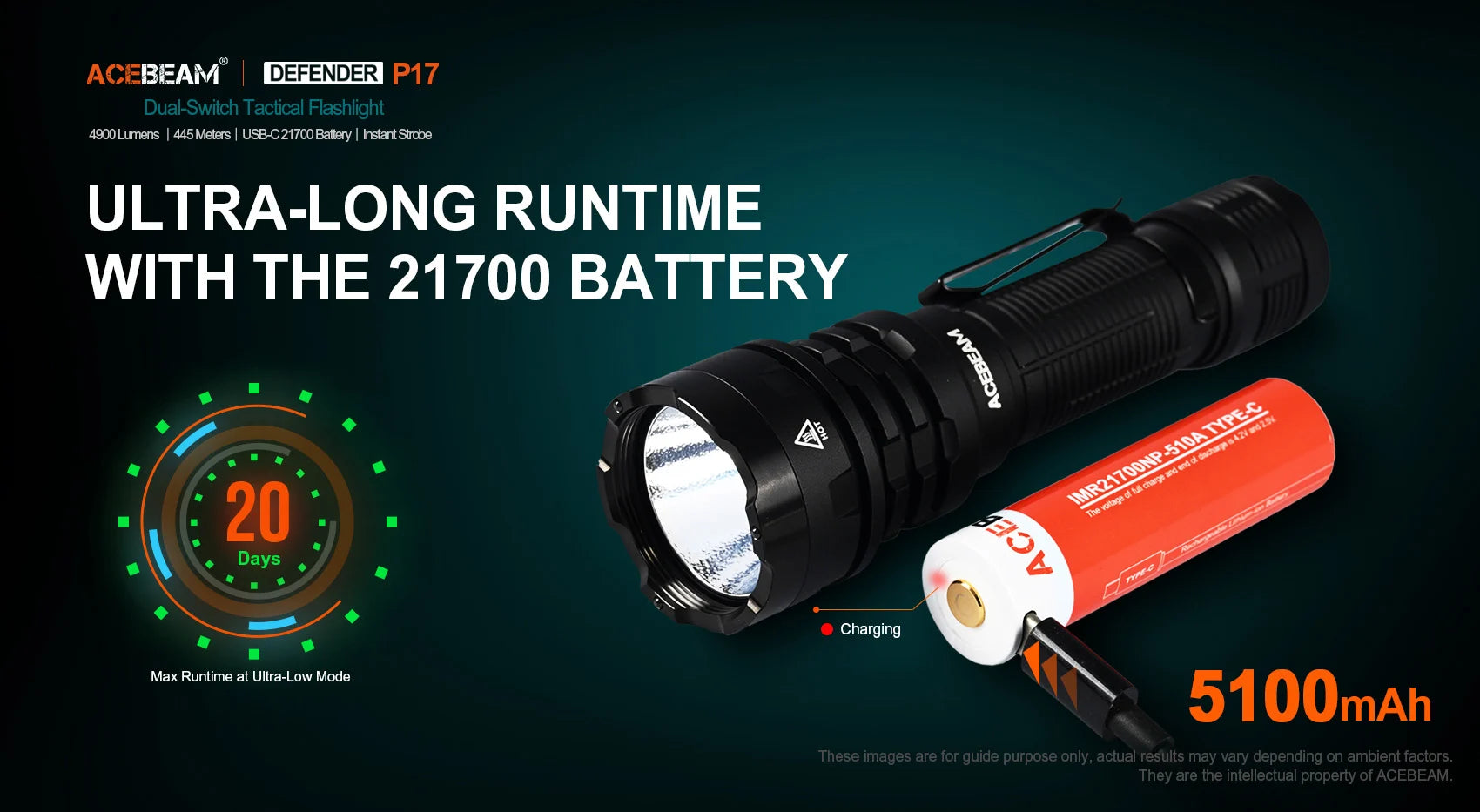 Acebeam P17 rechargeable tactical LED flashlight with 4900 lumens brightness for military, duty, and outdoor professional use