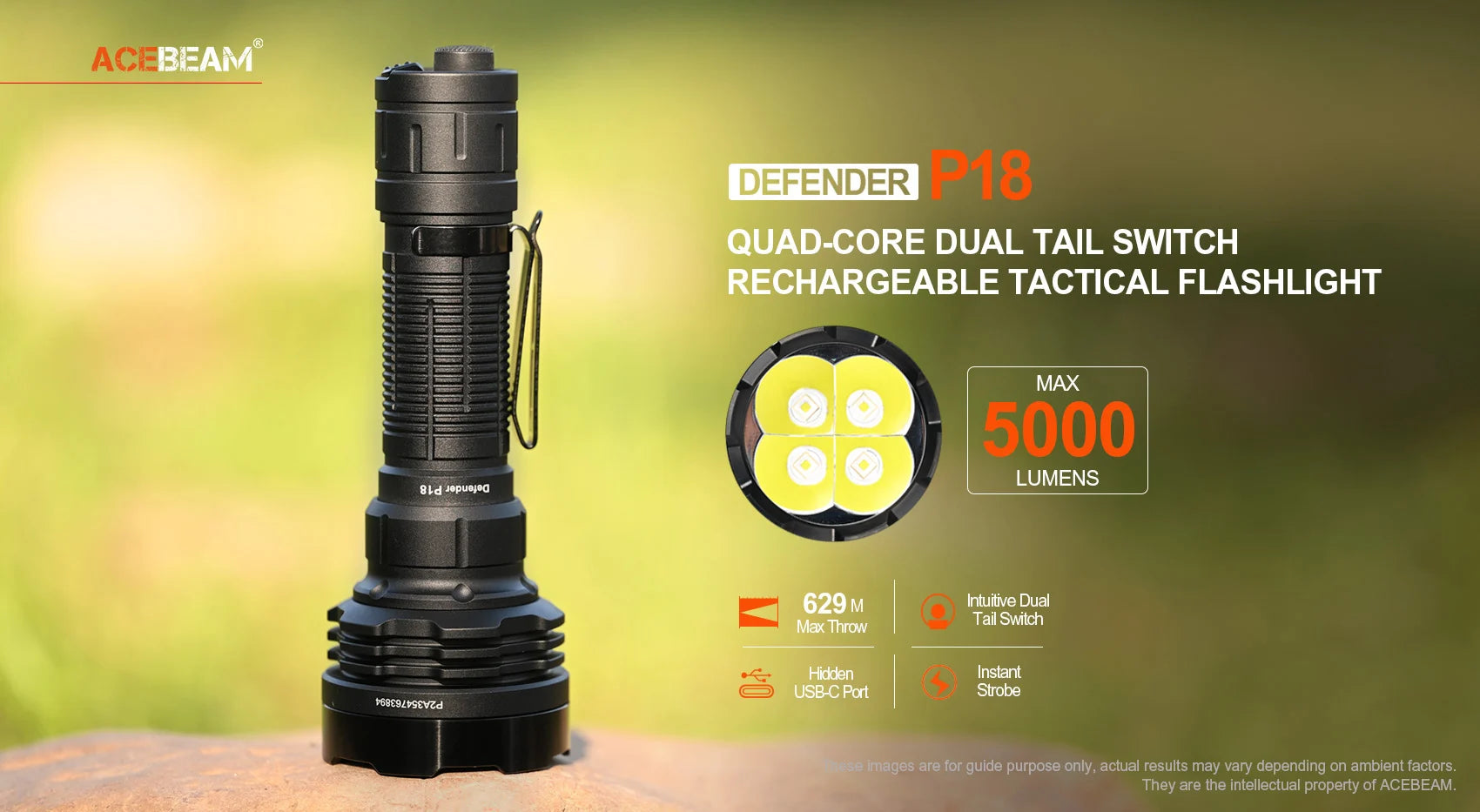 Acebeam P18 quad-core rechargeable tactical LED flashlight with 5000 lumens brightness for law enforcement and outdoor use