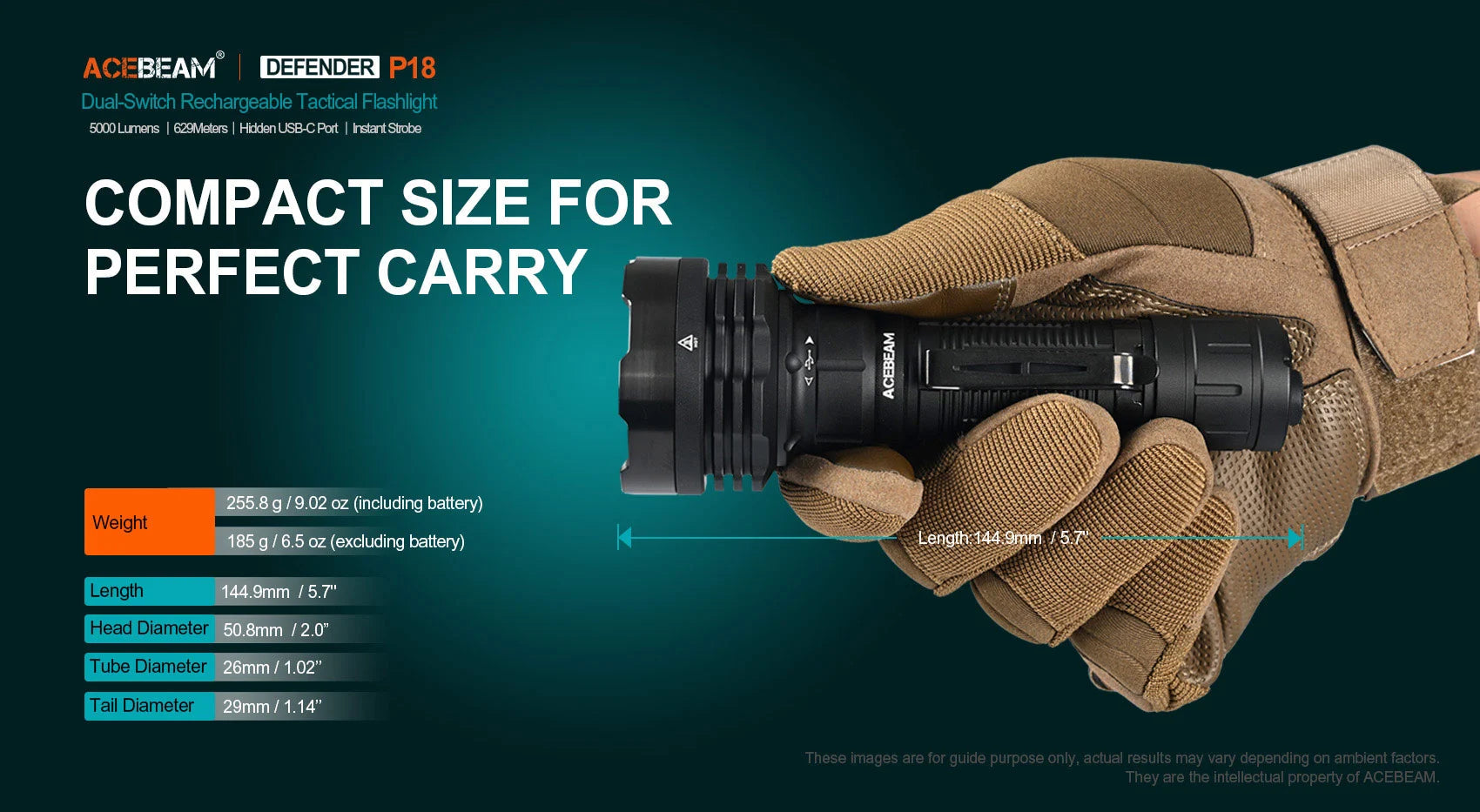 Acebeam P18 quad-core rechargeable tactical LED flashlight with 5000 lumens brightness for law enforcement and outdoor use