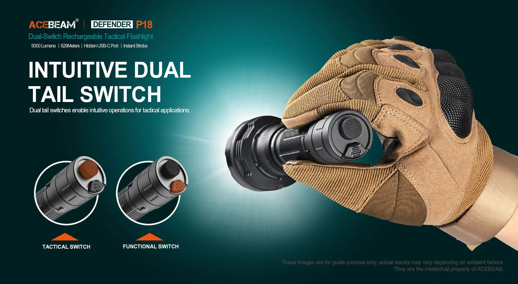 Acebeam P18 quad-core rechargeable tactical LED flashlight with 5000 lumens brightness for law enforcement and outdoor use