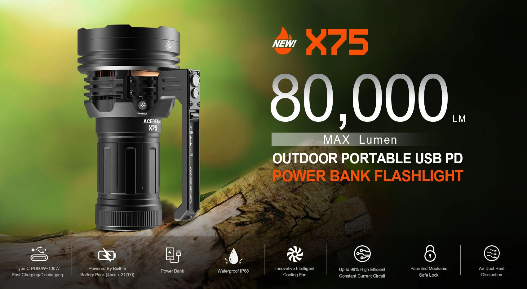 Acebeam X75 brightest rechargeable LED flashlight with 80,000 lumens brightness and built-in power bank for search and outdoor use