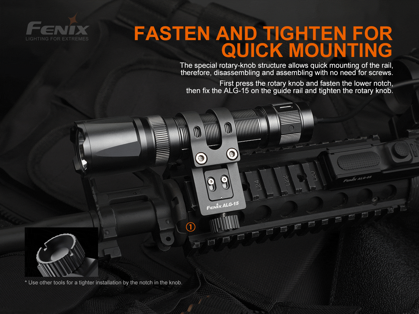 Fenix ALG-15 tactical flashlight rail mount for Picatinny rails made of durable aluminum for military, duty, and hunting applications
