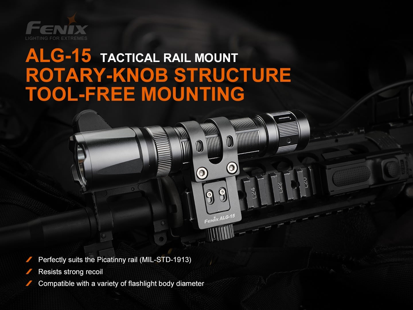 Fenix ALG-15 tactical flashlight rail mount for Picatinny rails made of durable aluminum for military, duty, and hunting applications