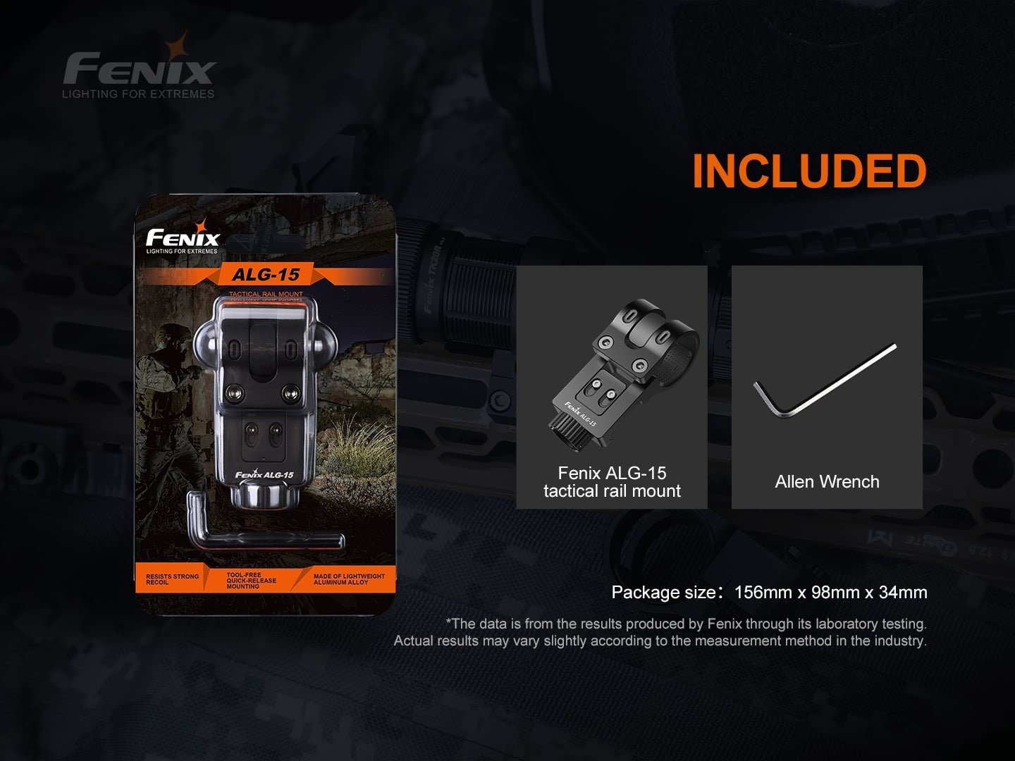 Fenix ALG-15 tactical flashlight rail mount for Picatinny rails made of durable aluminum for military, duty, and hunting applications