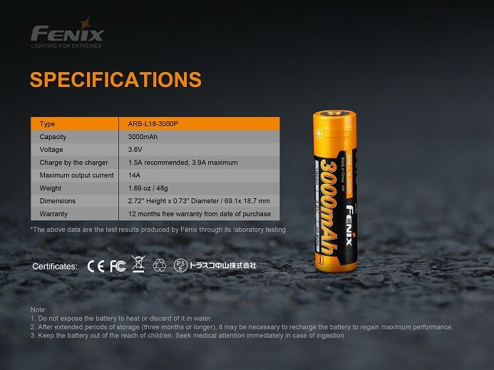 Fenix ARB-L18-3000P 18650 high-draw 3000mAh rechargeable Li-ion battery for LED flashlights and high-performance devices