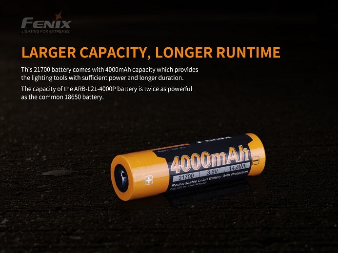 Fenix ARB-L21-4000P 21700 high-draw rechargeable 4000mAh Li-ion battery for powerful LED flashlights and high-performance devices