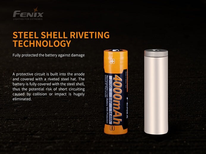 Fenix ARB-L21-4000P 21700 high-draw rechargeable 4000mAh Li-ion battery for powerful LED flashlights and high-performance devices