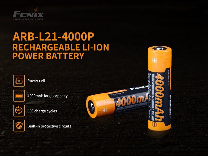 Fenix ARB-L21-4000P 21700 high-draw rechargeable 4000mAh Li-ion battery for powerful LED flashlights and high-performance devices